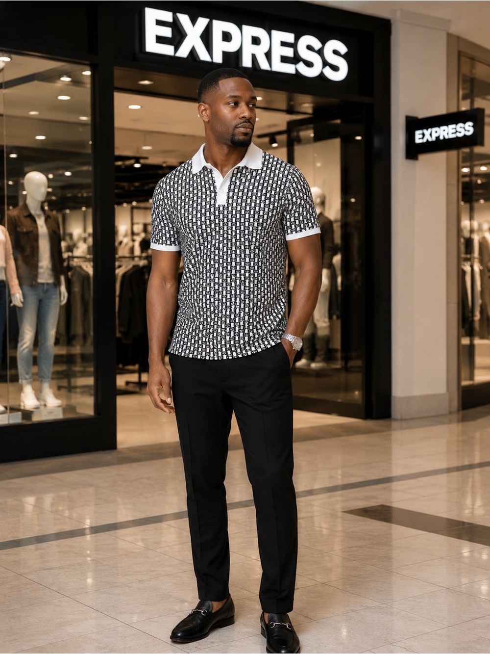 Express Black & White Geometric Polo Shirt